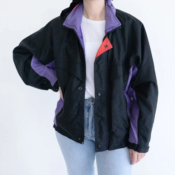 Vintage 90s Whitefish Bay Black And Purple Zip Up Windbreaker With Hidden Hood S - Picture 1 of 13